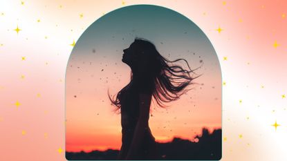 woman&#039;s silhouette on a sunset background and peach gradient