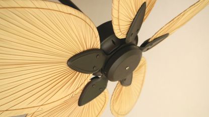 A rattan ceiling fan viewed close up