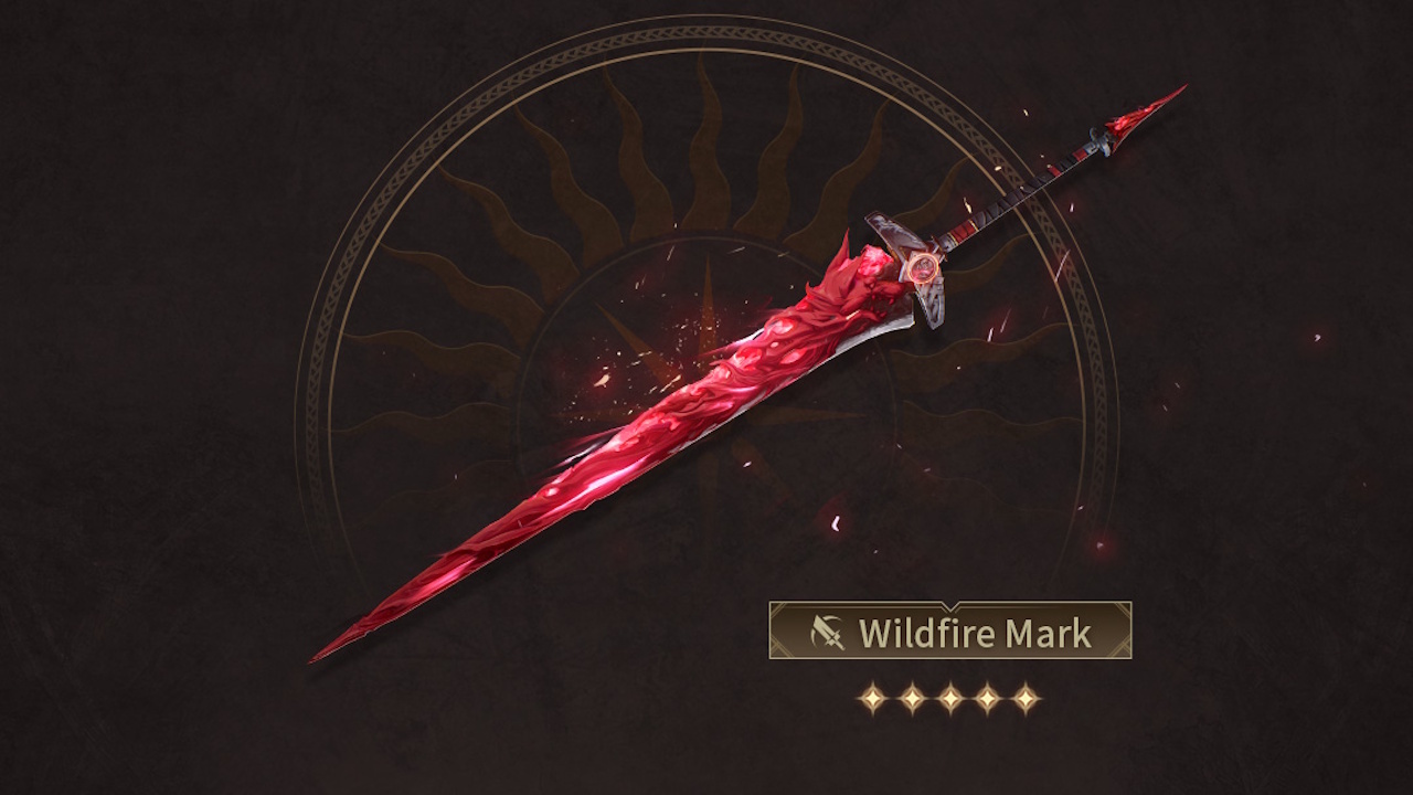 The Wildfire Mark sword in Wuthering Waves. It's a thin red blade and has a fiery glow to it, seemingly made of some sort of crystal.