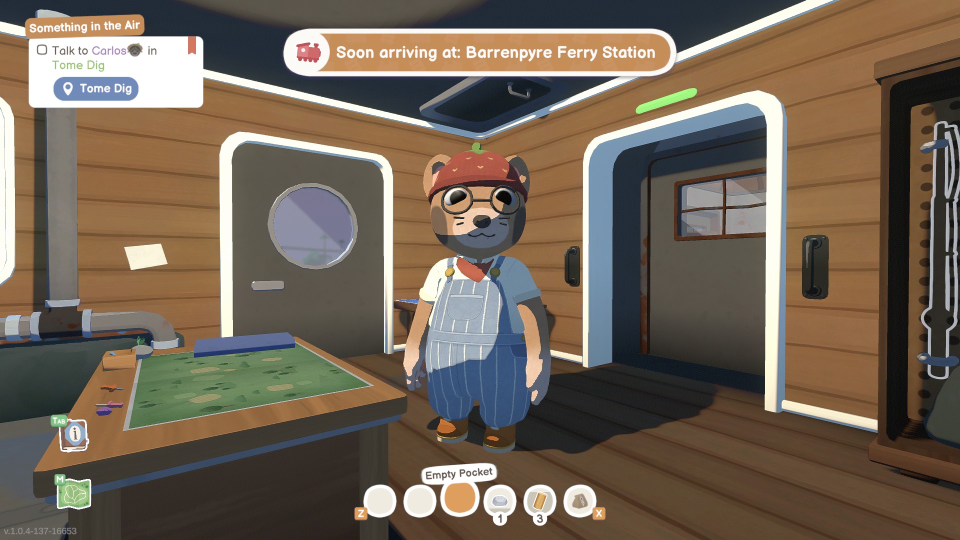 Locomoto screenshot of a bear conductor in a strawberry hat standing by a map in the engine room of the train