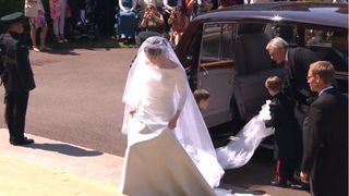 Bride, Ceremony, Wedding dress, Veil, Luxury vehicle, Wedding, Dress, Marriage, Bridal clothing, Event,