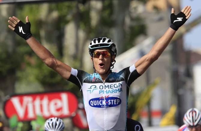 Matteo Trentin (Omega Pharma-Quick Step) celebrates his debut victory