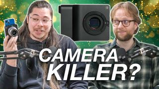 James Artaius and Mike Harris in front of green bokeh-filled background with words 'camera killer?' and Caira camera behind 
