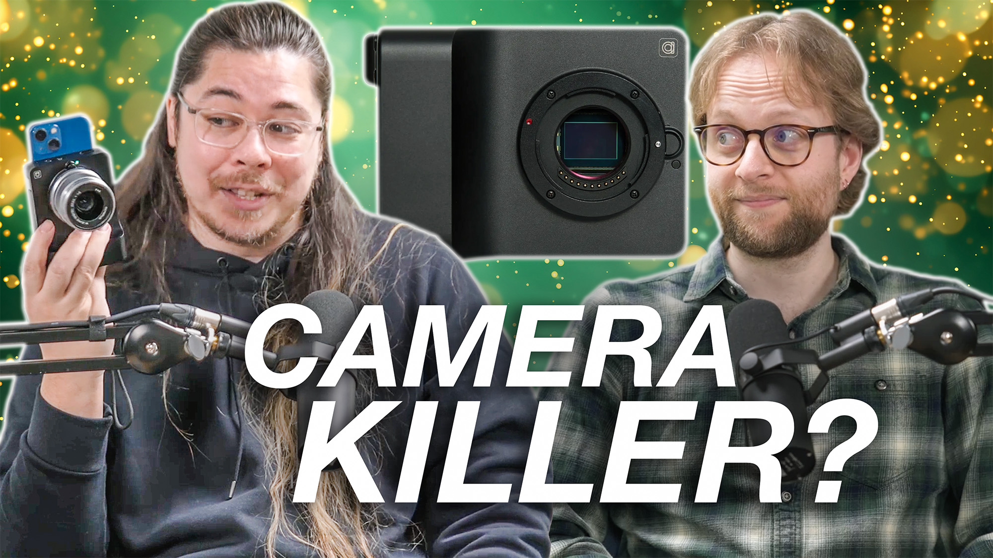 James Artaius and Mike Harris in front of green bokeh-filled background with words 'camera killer?' and Caira camera behind 
