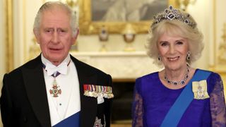 Camilla, Queen Consort and King Charles III during the State Banquet at Buckingham Palace on November 22, 2022 in London, England. This is the first state visit hosted by the UK with King Charles III as monarch, and the first state visit here by a South African leader since 2010.