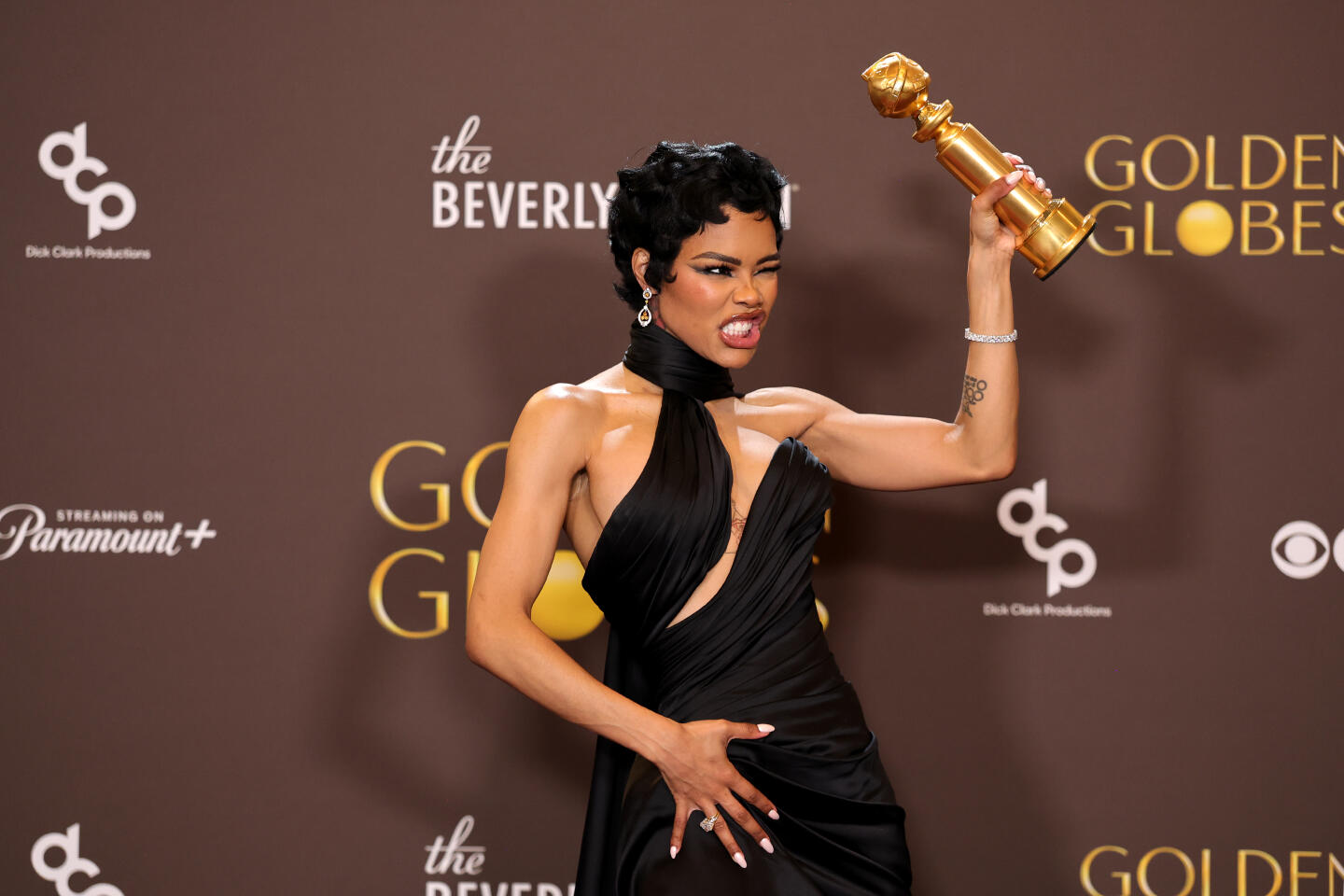 BEVERLY HILLS, CALIFORNIA - JANUARY 11: (FOR EDITORIAL USE ONLY) Teyana Taylor, winner of the Best Performance by a Female Actor in a Supporting Role in Any Motion Picture for "One Battle After Another," poses in the press room during the 83rd Annual Golden Globe Awards at The Beverly Hilton on January 11, 2026 in Beverly Hills, California. (Photo by Brianna Bryson/Getty Images)