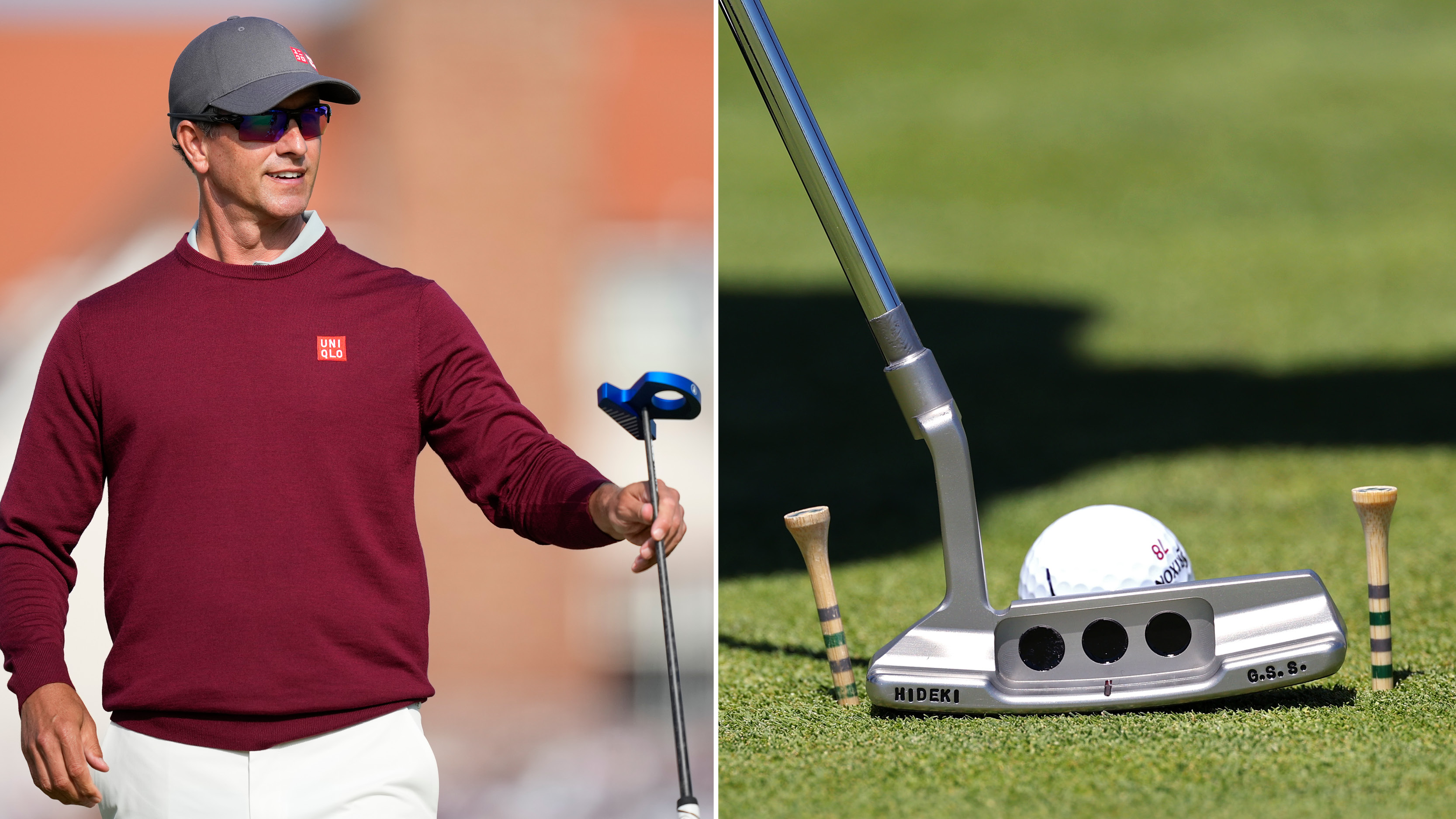 Adam Scott passes his putter to his caddie, with a close-up of Hideki Matsuyama's putter