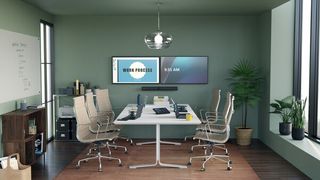 The Jabra PanaCast 50 Video Bar System in use in a meeting space. 