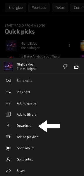 Downloading a song in YouTube Music