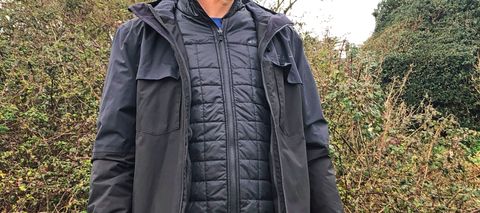 Man wearing Mountain Warehouse Journey Men’s Recycled 3-in-1 Waterproof Jacket
