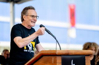 Bryan Cranston speaks at a SAG rally in New York City.