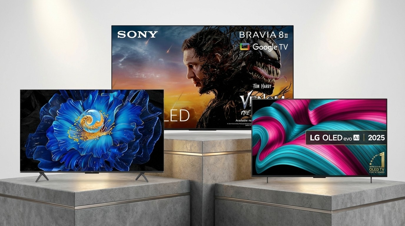 Three TVs arranged on pedestals