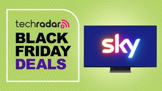 A Black Friday deals logo next to a TV displaying the Sky logo