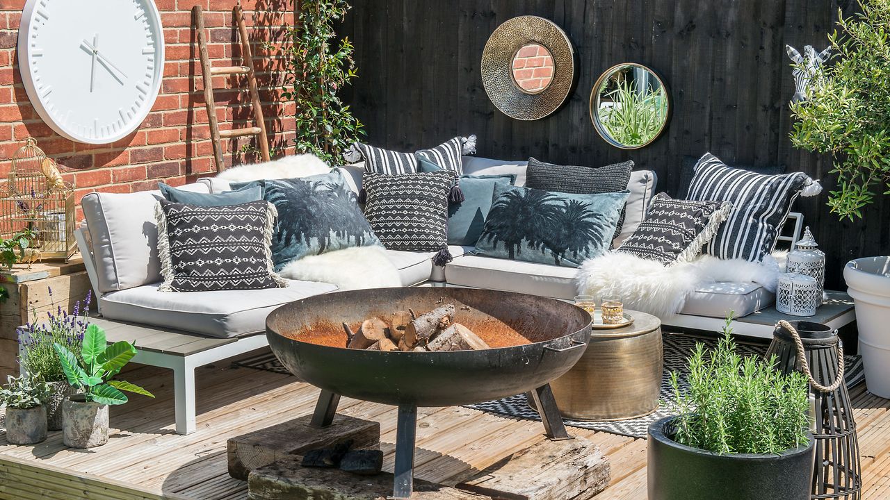 L-shaped sofa with large fire pit