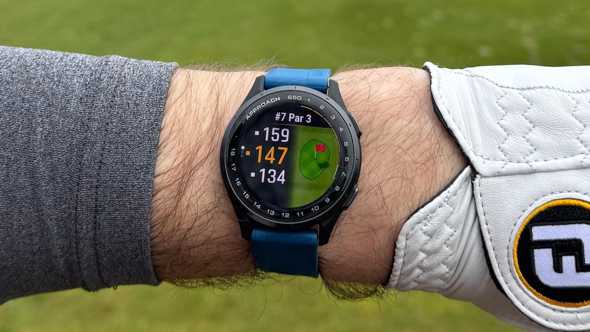 Garmin Approach S50 being worn on the course