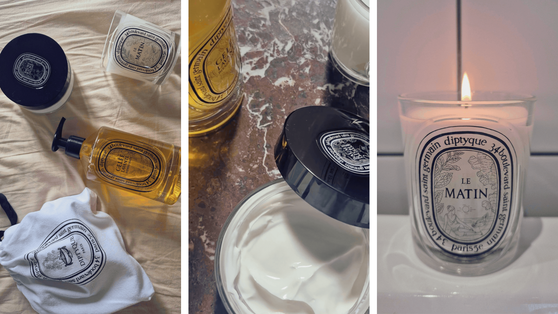On the left is a flat-lay of some products from the Diptyque Les Rituels de Soin collection, followed by a GIF showing the products rotating on a red marble background and on the right, a picture of the new Le Matin candle lit on the side of a sink - photographed by Digital Beauty Writer, Naomi Jamieson