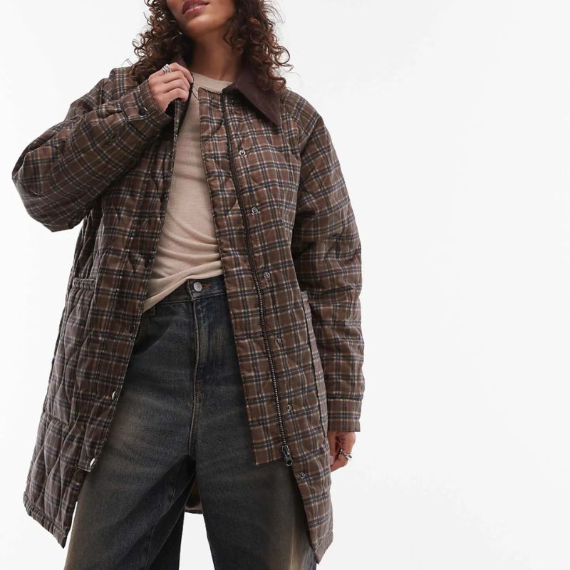 Topshop check long nylon coat with cord collar on model 