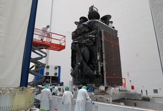The Inmarsat-5 F4 satellite is seen during launch preparations. The satellite is the first to be launched by SpaceX for Inmarsat.