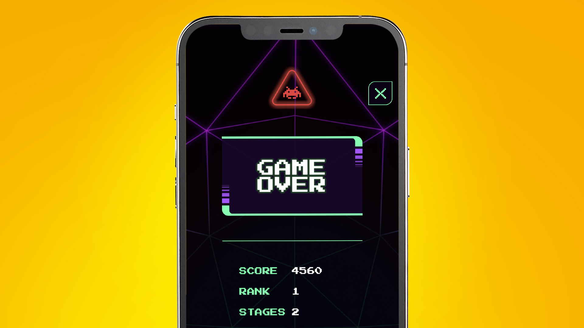 An iPhone on a yellow background showing the Game Over screen on a Space Invaders game
