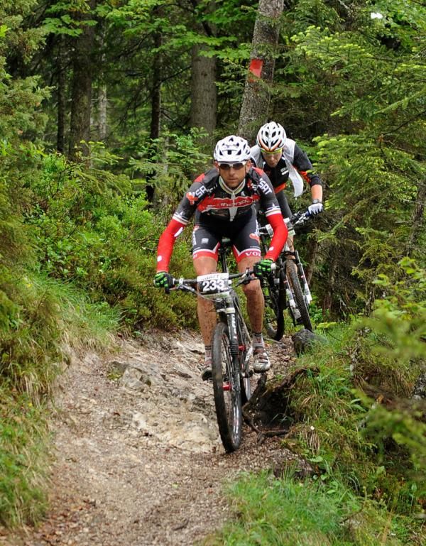 Riders negotiate some singletrack during the final stage of Trans Germany.