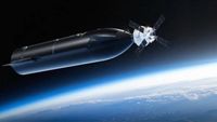Illustration of SpaceX's Starship docked with NASA's Orion capsule on the Artemis III mission.