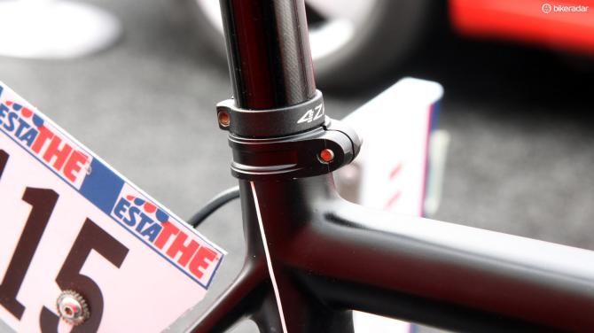 A supplemental clamp is in place to keep the seatpost from slipping inside the frame on Adam Hansen's (Lotto-Belisol) Ridley Helium