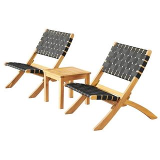 Two wooden chairs and a table with a woven fabric finish