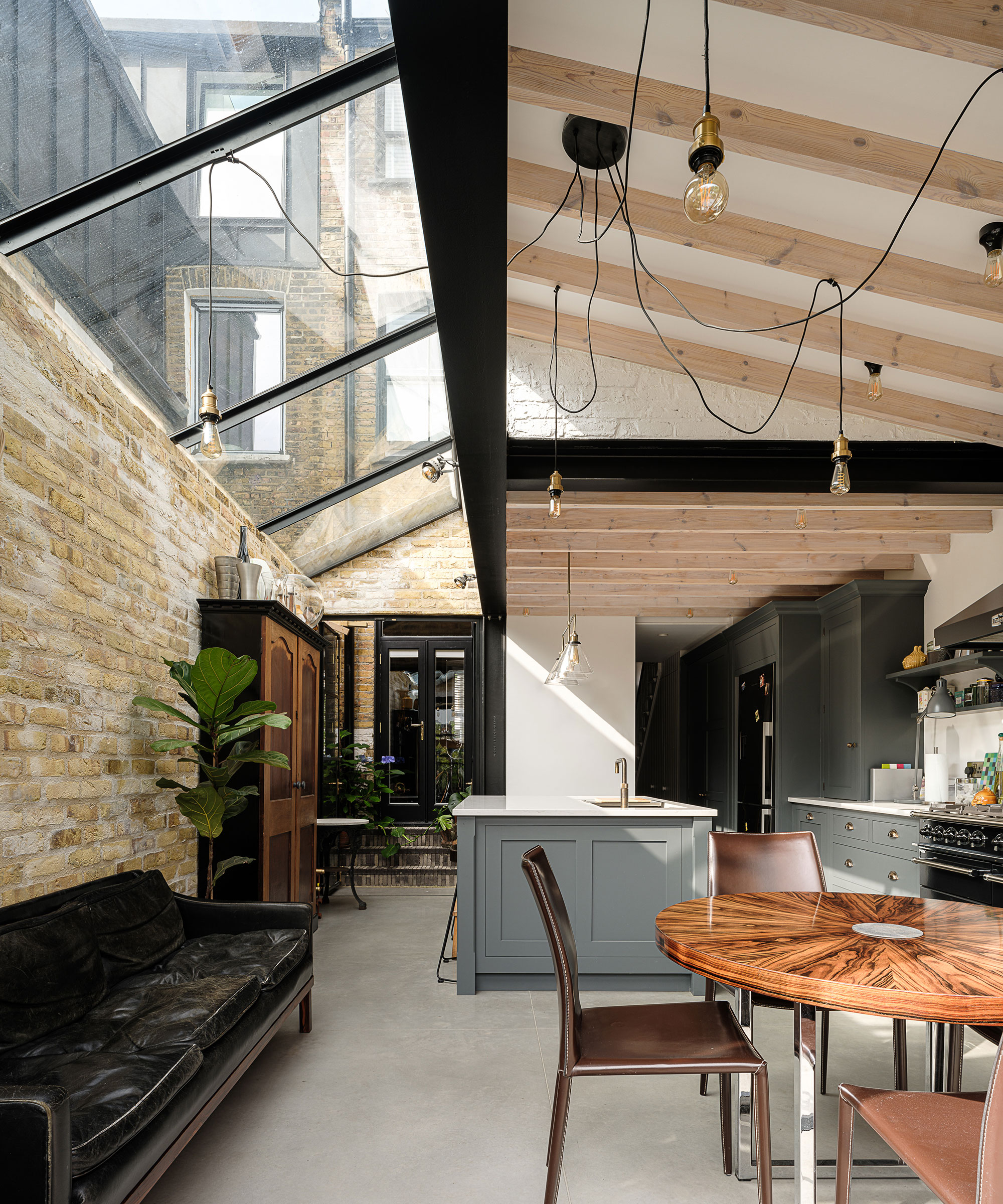 side return kitchen extension with glass roof and exposed steel beams