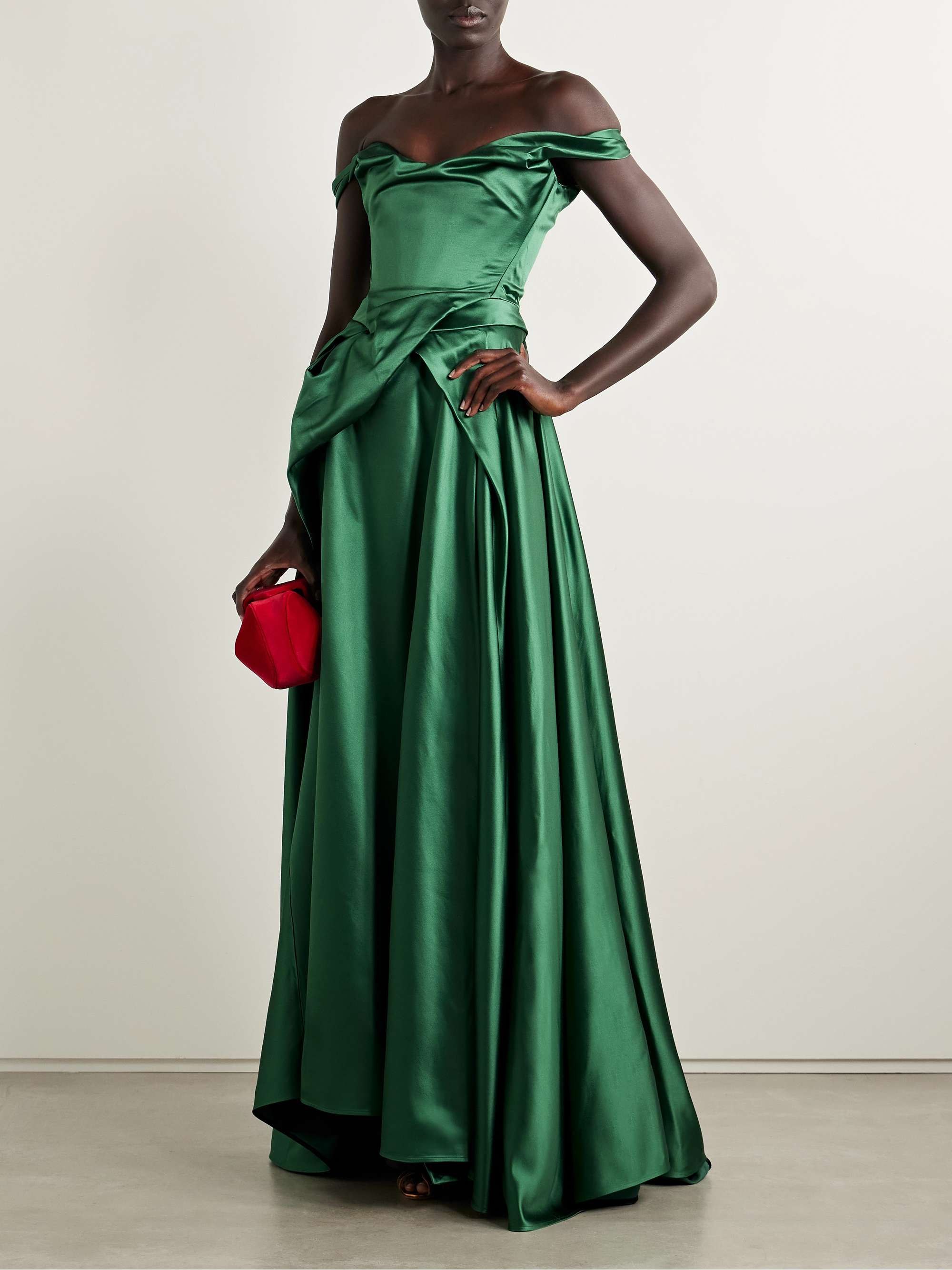 Tabitha Off-The-Shoulder Draped Duchesse Silk-Satin Gown