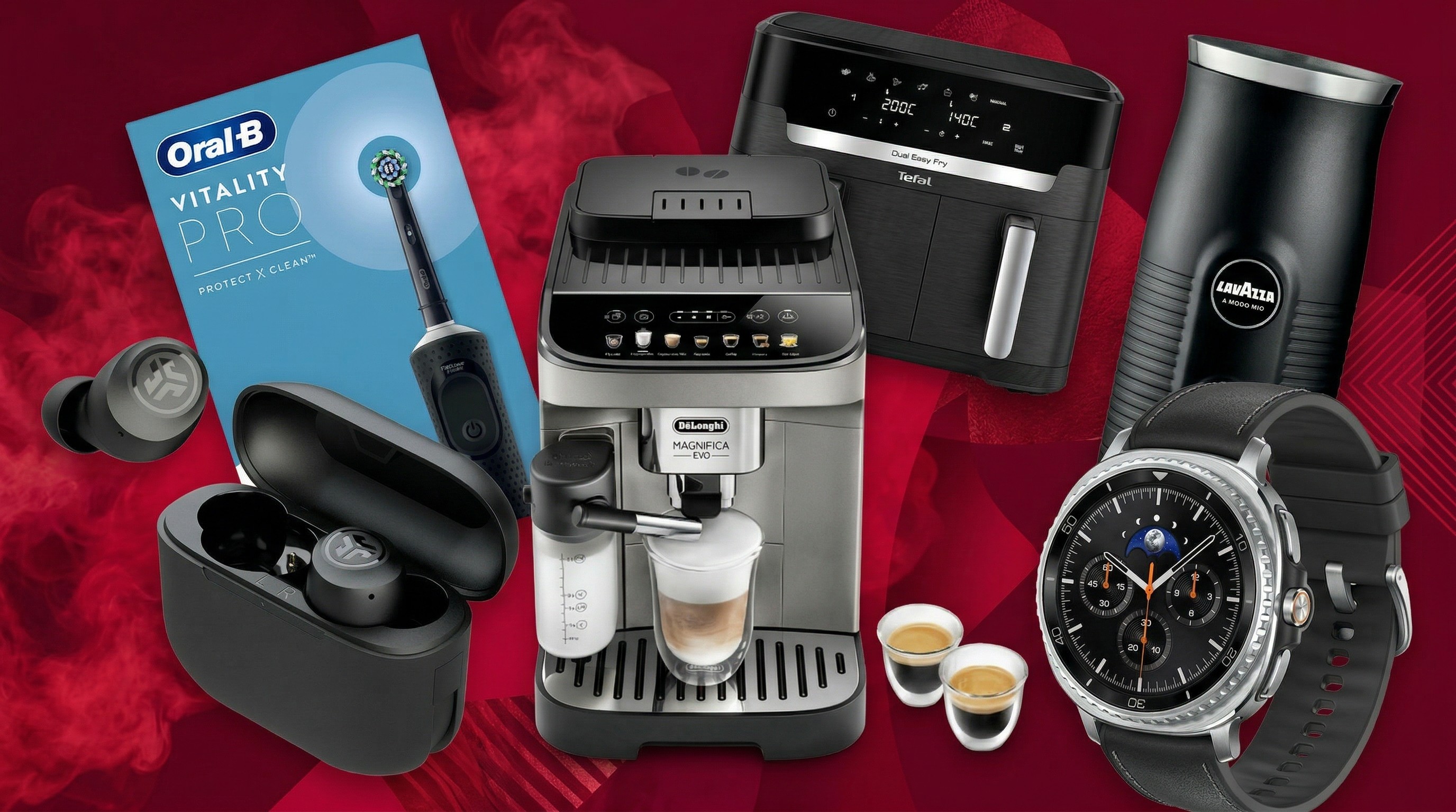 A collage of tech products from the Argos Big Red sale, including De'longhi coffee machine, Tefal air fryer, Oral-B electric toothbrush and a Samsung Galaxy watch.