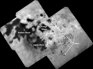 This annotated view of Cassini's last photo of Titan, Saturn's largest moon, points out the lakes of liquid methane and larger seas like Kraken Mare, Punga Mare and Ligeia Mare.