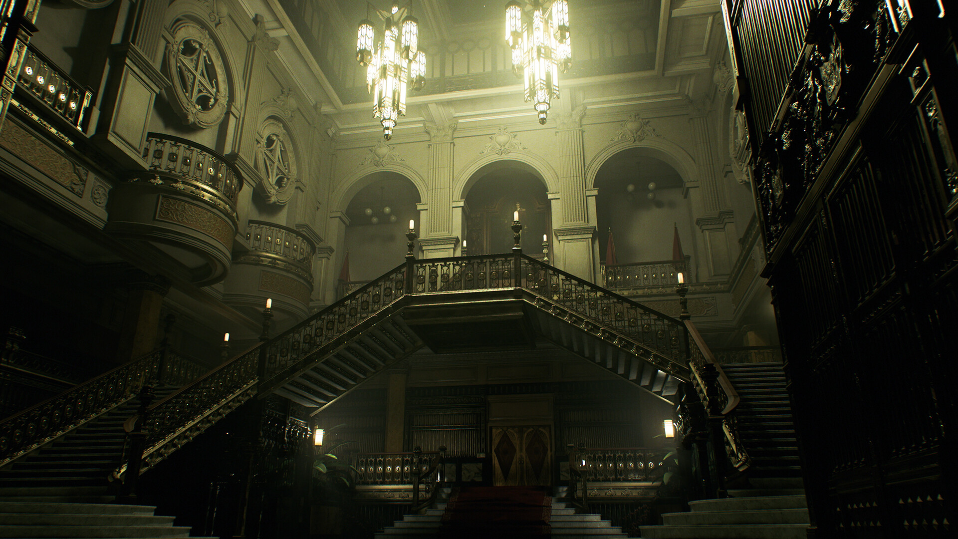 Grand, dimly lit staircase in an ornate mansion. Chandeliers hang from a high ceiling, with intricate railings and arches conveying a mysterious, opulent atmosphere.