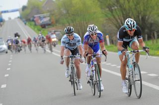 Nick Nuyens makes up the last yards on Sylvain Chavanel and Fabian Cancellara at the 2011 Tour of Flanders.