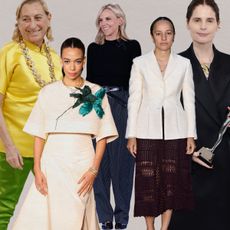 A collage of women designers available at Nordstrom: Miuccia Prada, Aurora James, Tory Burch, Grace Wales Bonner, Catherine Holstein