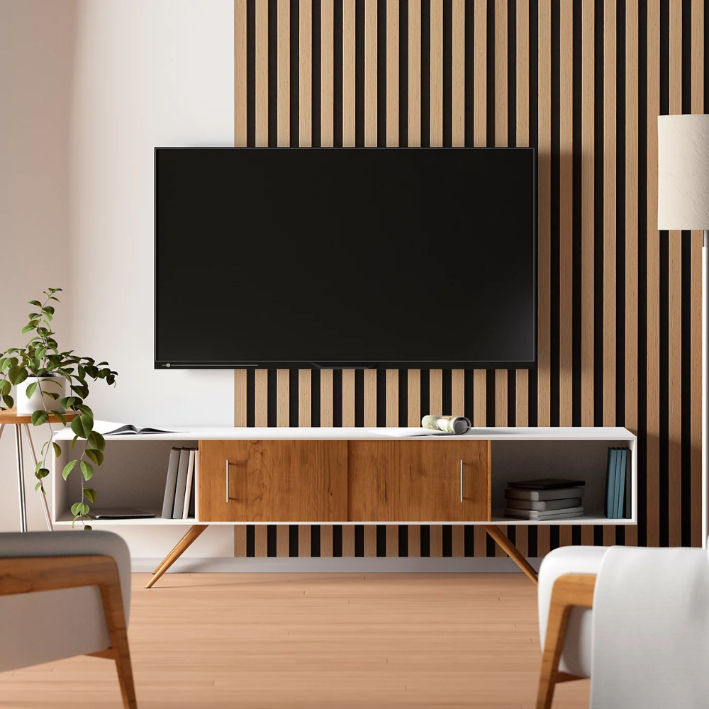 Wooden slatted wall panelling behind a TV and cabinet