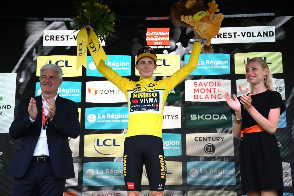 CRESTVOLAND FRANCE JUNE 09 Jonas Vingegaard of Denmark and Team JumboVisma Yellow Leader Jersey celebrates at podium during the 75th Criterium du Dauphine 2023 Stage 6 a 1702km stage from Nantua to CrestVoland 1218m UCIWT on June 09 2023 in CrestVoland France Photo by Dario BelingheriGetty Images