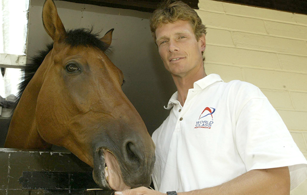 William Fox-Pitt with his horse Tamarillo during a photocall for members of the British Olympic Eventing Squad for Athens 2004, during a press confrence at Waresley Park, near Sandy, Befordshire.