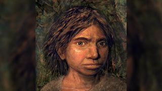 An illustration of a Denisovan girl with dark brown hair.