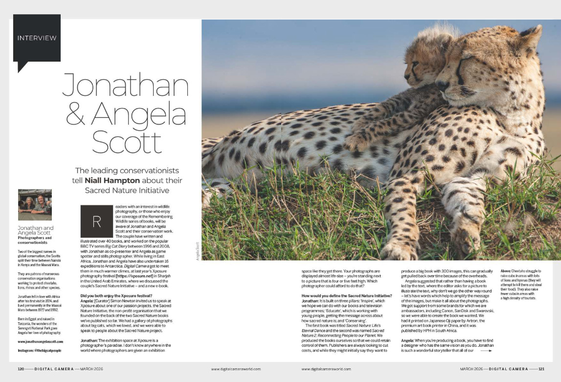 Image showing the first two pages of the interview with Jonathan and Angela Scott, the leading international wildlife conservationists and photographers, in issue 304 (March 2026) of Digital Camera magazine