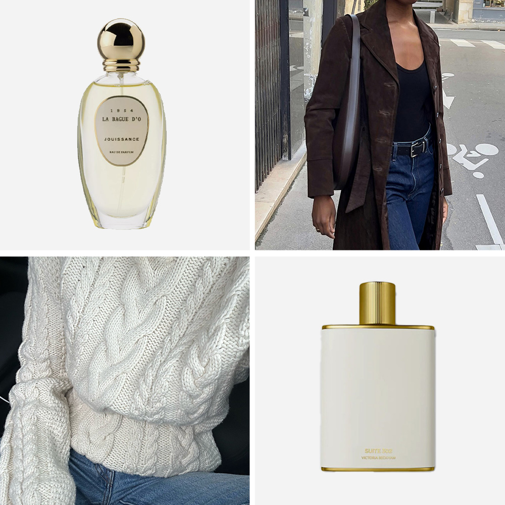 A collage of texture-inspired perfumes, a cable-knit jumper and a suede trench coat