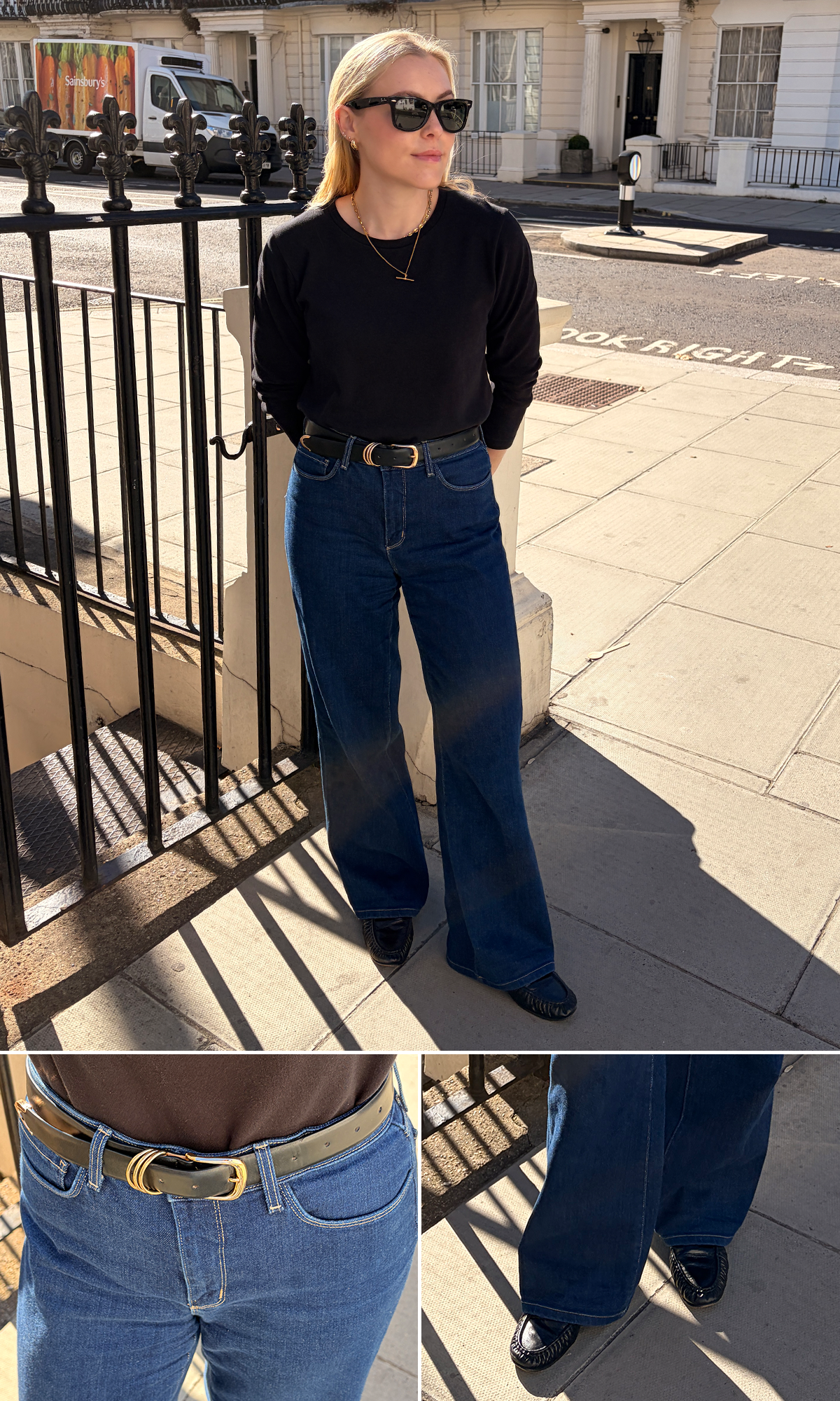 Woman wears black long sleeved top, dark blue wide leg jeans, black loafers