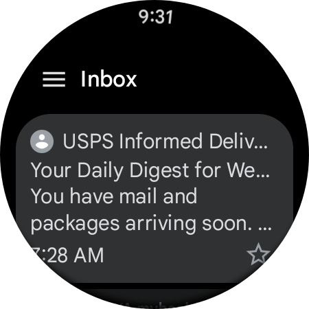 A look at the email list for Gmail's new Wear OS app.