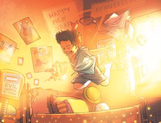 Child jumping for joy in his sunlit bedroom, with 'Happy New Year to Meeeee' speech bubble