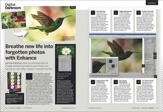 Opening two pages of the Tool School tutorial article in the October 2024 issue of Digital Camera magazine, about using Enhance in Photoshop 2024