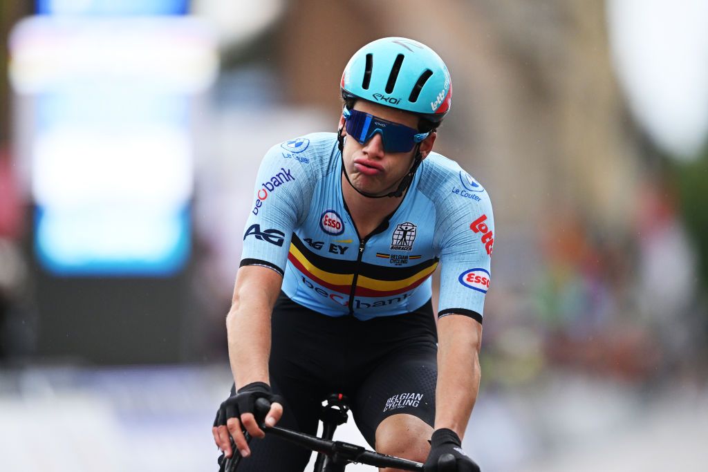 ZURICH SWITZERLAND SEPTEMBER 27 Alec Segaert of Team Belgium crosses the finish line bronze medal winner during the 97th UCI Cycling World Championships Zurich 2024 Mens U23 Road Race a 1736km one day race from Uster to Zurich on September 27 2024 in Zurich Switzerland Photo by Dario BelingheriGetty Images