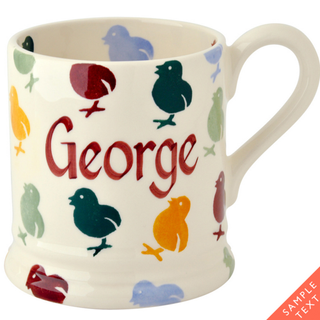 white coffee mug with coloured printed chicks