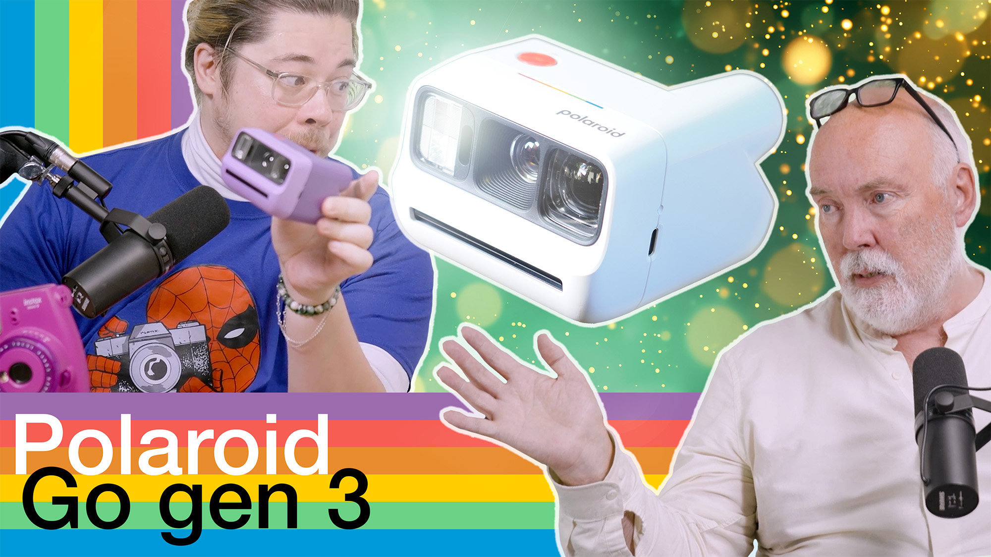 James Artaius and Chris George in Bokeh Face thumbnail with Polaroid Go Gen 3 hovering between them and Polaroid style colors with text 'Polaroid Go gen 3'