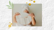 A woman holding a sheet mask in front of her face on a tiled background with oil and cream swatches around it