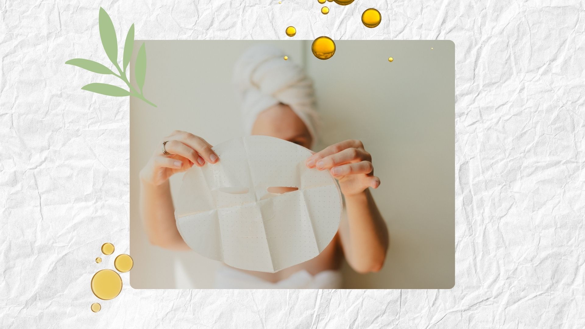 A woman holding a sheet mask in front of her face on a tiled background with oil and cream swatches around it