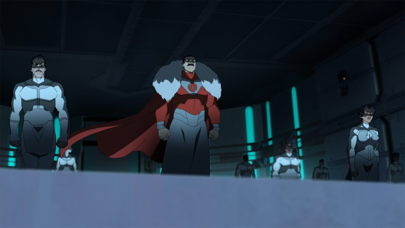 Kregg, Thragg, and Anissa menacingly standing in the hanger of a spaceship in Invincible season 4 episode 8
